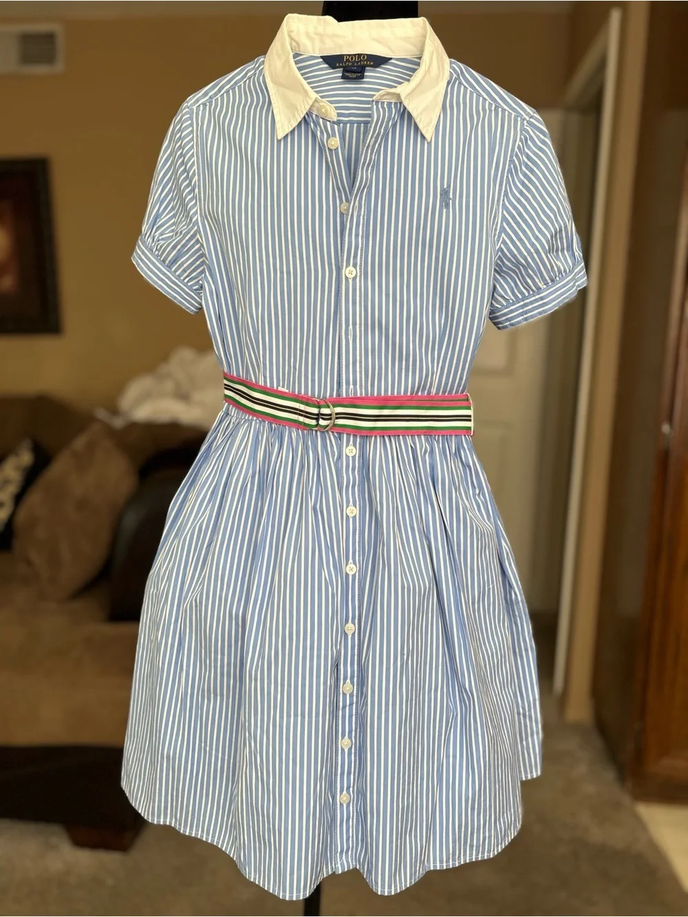 Polo by Ralph Lauren Blue & White Stripe Shirt Dress with Contrast Collar
